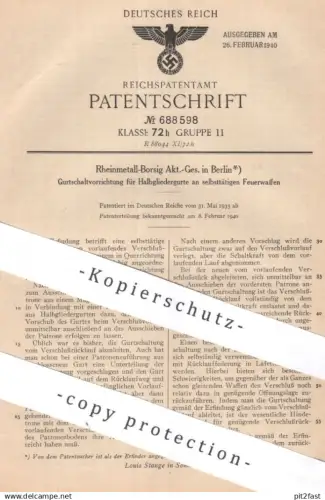 original Patent - Rheinmetall Borsig AG Berlin | 1933 | Halbgliedergurt an Feuerwaffe | Waffe Waffen , Gewehr , Munition