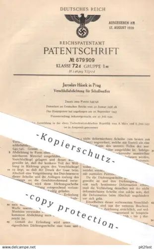 original Patent - Jaroslav Hásek , Prag | 1936 | Verschlussabdichtung für Schusswaffen | Waffe Waffen , Gewehr , Pistole