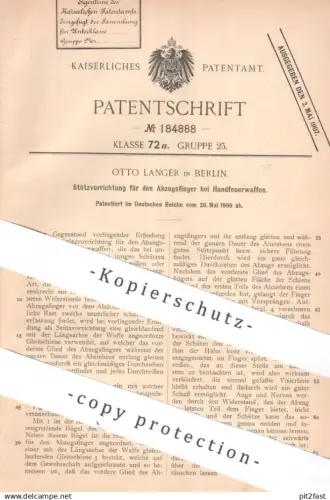 original Patent - Otto Langer , Berlin | 1906 | Stütze zum Abzug an Handfeuerwaffe | Gewehr , Pistole , Waffe , Waffen !