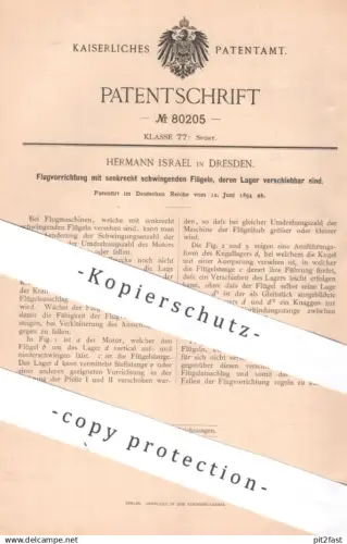 original Patent - Hermann Israel , Dresden | 1894 | Flugmaschine mit Motor | Luftschiff | Flugzeug , Sport , Flügel