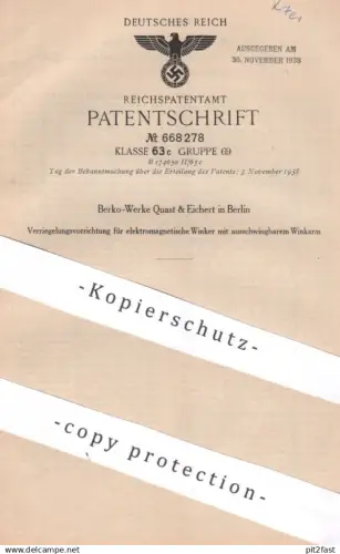 original Patent - Berko Werke Quast & Eichert , Berlin | 1936 | Verriegelung für elektromagnetische Winker | Oldtimer
