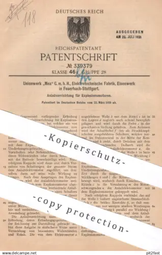 original Patent - Unionwerk Mea GmbH , Elektrotechn. Fabrik , Eisenwerk Feuerbach / Stuttgart | 1919 | Gasmotor Anlasser