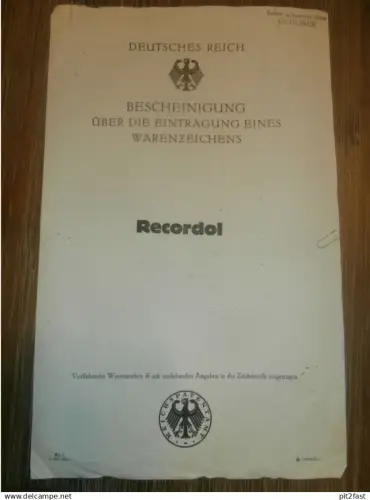 original Patent / Warenzeichen - Eintragung , RECORDOL ,9.7.1926 ,Ewald Meyer / Jahn & Co. in Rostock , Chemische Fabrik