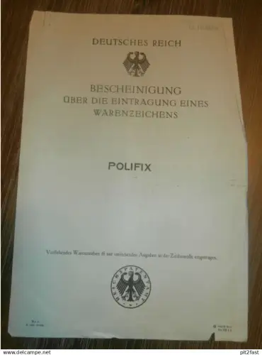 original Patent / Warenzeichen - Eintragung , POLIFIX ,12.1.1927,Ewald Meyer / Jahn & Co. in Rostock , Chemische Fabrik