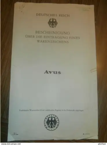original Patent / Warenzeichen - Eintragung , AVUS , 1.04.1926 ,Ewald Meyer / Jahn & Co. in Rostock , Chemische Fabrik