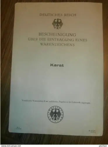 original Patent / Warenzeichen - Eintragung , KARAT , 28.04.1927 ,Ewald Meyer / Jahn & Co. in Rostock , Chemische Fabrik