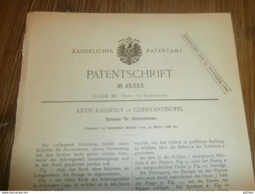 original Patent - Artin Kaisserly in Contantinopel / Istanbul , 18.03.1888 , Stockschirm , Schirm !!