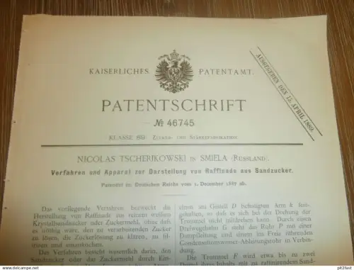 original Patent - Nicolas Tscherikowski in Smiela / Smila i. Ukraine , 1.12.1887 , Zucker , Zuckerfabrik ; Russland !!