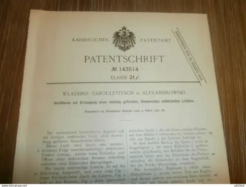original Patent - W. Taboulevitsch in Alexandrowski / Russland , 4.03.1902 , farbiges Licht , Alexandrowsk-Sachalinski !