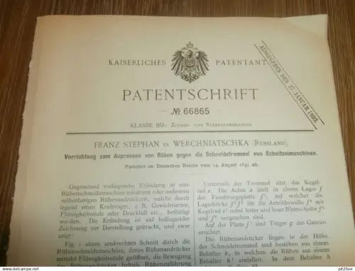 original Patent - Franz Stephan in Werchniatschka / Russland , 14.08.1891 , Maschine für Rüben , Zuckerfabrik , Zucker !