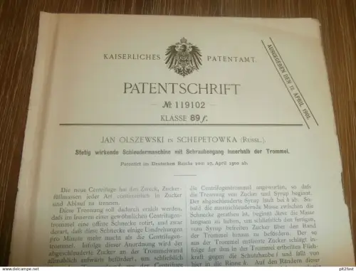 original Patent - Jan Olszewski in Schepetowka / Russland , 27.04.1900 , Schleudermaschine , Zucker , Zuckerfabrik !!!