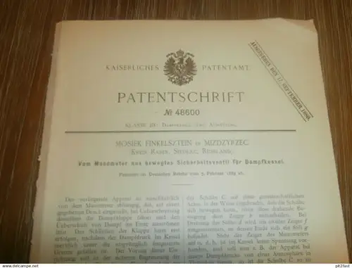 original Patent -  Mosiek Finkelstein in Mizdzyrzec / Meseritz b. Radin /  Polen , 5.02.1889 , Dampfmaschine Międzyrzec