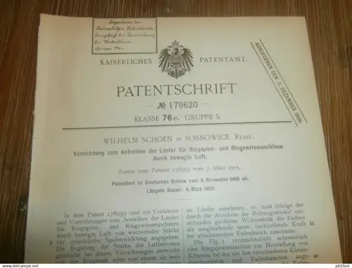 original Patent -  Wilhelm Schoen in Sosnowice in Polen , 3.11.1905 , Spinnmaschine , Spinnerei , Russland  !!!