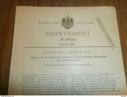 original Patent -  Paul Winand in Charkow / Charkiw in Russland , 16.04.1902 , Brennstoff - Herstellung  !!!