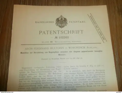 original Patent -  Aron Ferdinand Hultgren in Woronesch in Russland , 13.07.1897 , Nagel - Schneidemaschine  !!!