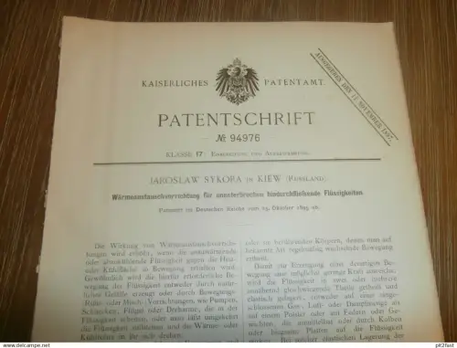 original Patent -  Jaroslaw Sykora in Kiew / Russland , 25.10.1895 , Wärmetauscher , Eisbereitung  !!!