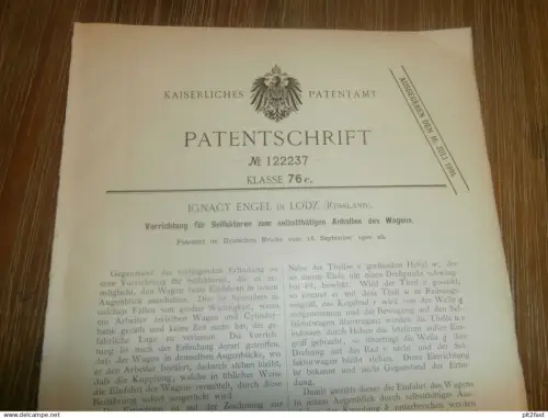 original Patent -  Ignacy Engel in Lodz / Polen , 18.09.1900 , Selfaktor für Wagen , Russland !!!