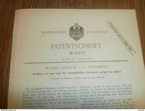 original Patent -  Wassily Rebikow in St. Petersburg / Russland , 20.06.1890 , Agar-Agar , Photographie , Licht , Tang !