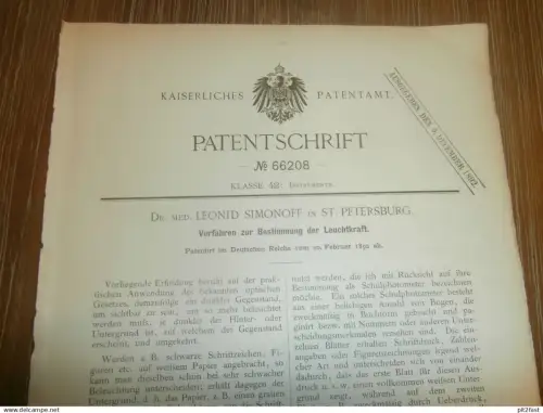 original Patent -  Dr. med. Leonid Simonoff in St. Petersburg / Russland , 20.02.1892 , Bestimmung der Leuchtkraft !!