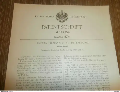 original Patent -  Ludwig Riemann in St. Petersburg / Russland , 24.03.1900 , Seilverbinder , Seil , Seilerei  !!