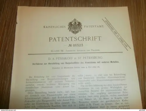 original Patent -  D.A. Péniakoff in St. Petersburg / Russland , 9.05.1893 , Aluminium - Herstellung   !!