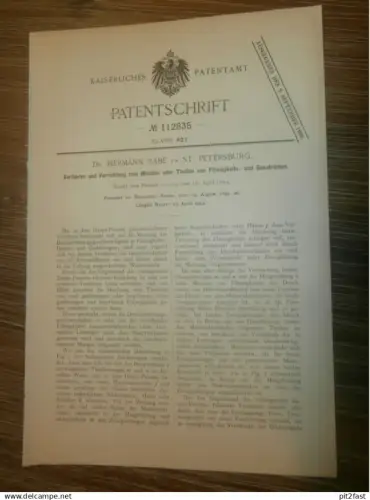original Patent -  Dr. Hermann Rabe in St. Petersburg / Russland , 29.08.1899 , Mischen von Flüssigkeiten  !!