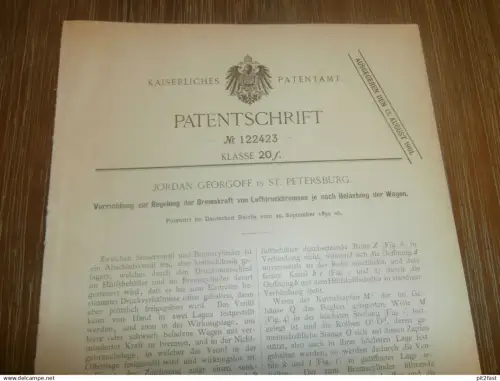 original Patent -  Jordan Georgoff in St. Petersburg / Russland , 29.09.1899 , Bremse für Wagen , Automobile  !!