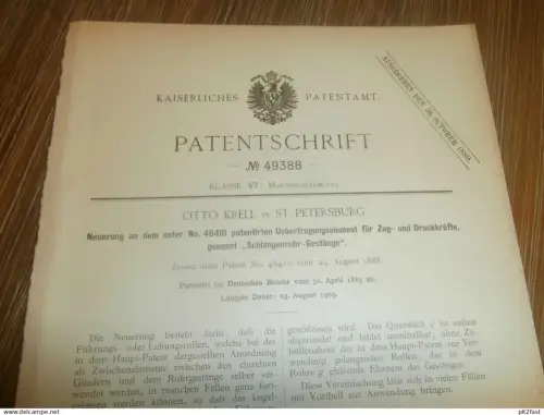 original Patent -  Otto Krell in St. Petersburg / Russland , 30.04.1889 , Schlangenrohr-Gestänge , Maschinenbau !!