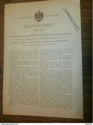 original Patent -  Nicolas Lébédeff in St. Petersburg / Russland , 30.11.1890 , Metall-Gewinnung !!