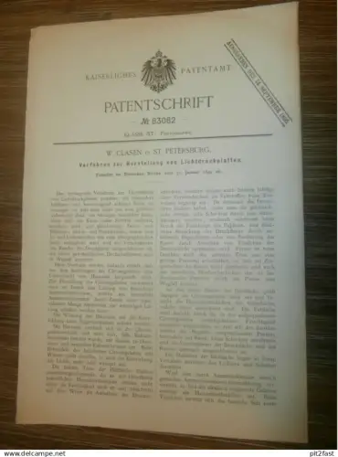 original Patent -  W. Clasen in St. Petersburg / Russland , 31.01.1894 , Lichtdruckplatten , Photographie !!