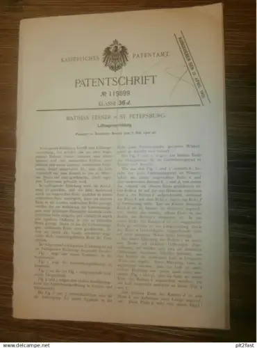 original Patent -  Mathias Terner in St. Petersburg / Russland , 8.05.1900 , Lüftungsapparat  !!