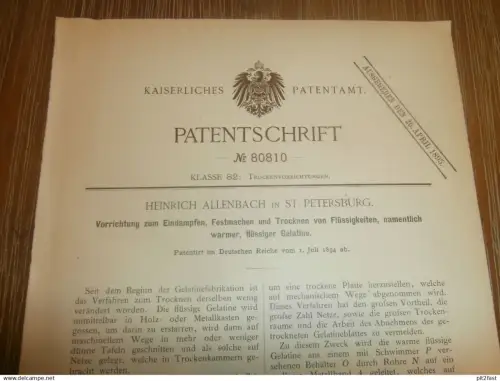 original Patent - Heinrich Allenbach in St. Petersburg / Russland , 1.07.1894 , Gelatine - Trockner !!