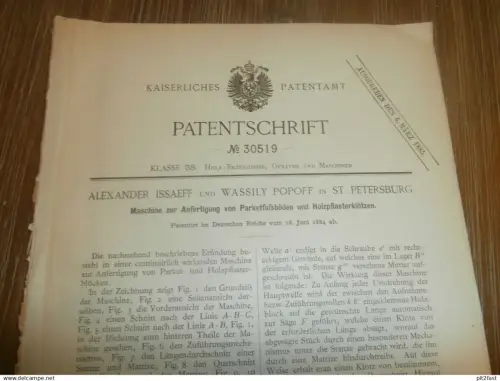 original Patent - Alexander Issaeff und Wassily Popoff in St. Petersburg / Russland , 18.06.1884 , Parkett - Maschine !!