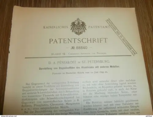 original Patent - Dr. A. Peniakoff in St. Petersburg / Russland , 11.06.1895 , Aluminium aus Sulfiden , Chemie !!!