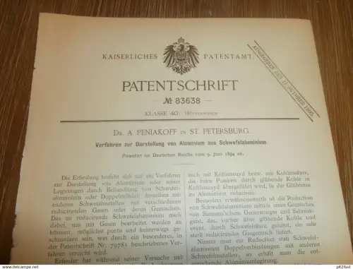 original Patent - Dr. A. Peniakoff in St. Petersburg / Russland , 9.06.1894 , Aliminium Herstellung , Chemie !!!