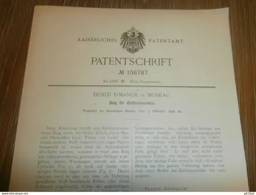 original Patent - Demid Simanok in Moskau / Russland , 5.10.1898 , Balg für Ziehamonika , Zieharmonika  !!