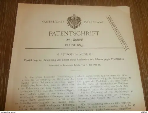 original Patent - N. Petroff in Moskau / Russland , 7.05.1902 , Apparat für Butter , Molke !!
