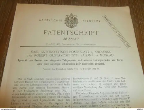 original Patent - Karl Rosenblatt in Smolensk und Robert Salomé in Moskau / Russland , 12.02.1885 , Telegraphie !!