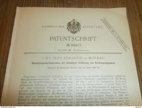 original Patent - Uwe Jens Esmarch in Moskau , 28.04.1896 , Dampfmaschine !!