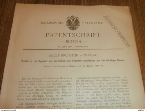 original Patent - Adolf Brunstein in Moskau , 12.01.1886 , Apparat für Alizariöl , Chemie , Medizin !!