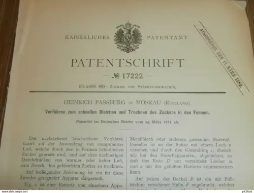 original Patent - Heinrich Passburg in Moskau , 25.03.1881 , Bleichen und Trocknen von Zucker , Zuckerfabrik !!