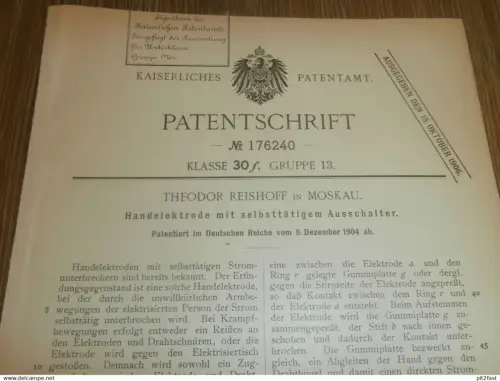 original Patent - Theodor Reishoff in Moskau , 9.12.1904 , Handelektrode , Elektrik , Strom , Sicherheit !!