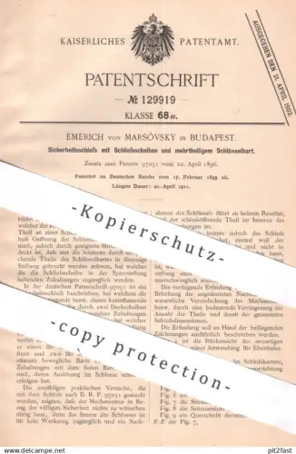original Patent - Emerich von Marsóvsky , Budapest , Ungarn , 1899 , Sicherheitsschloss | Schloss , Türschloss , Riegel