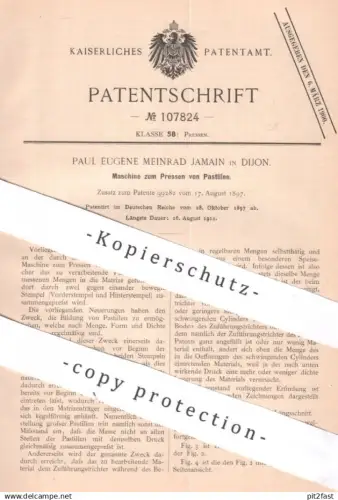 original Patent - Paul Eugène Meinrad Jamain , Dijon , Frankreich , 1897 , Pressen von Pastillen | Presse | Tabletten !