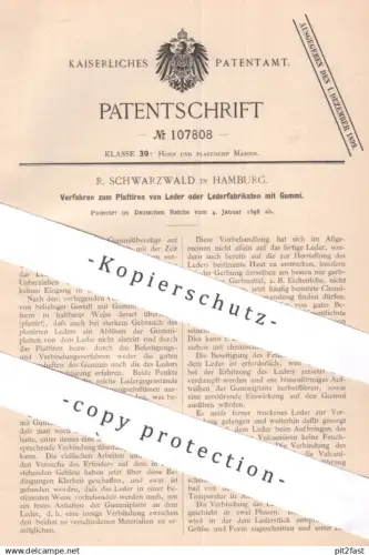 original Patent - R. Schwarzwald , Hamburg , 1898 , Plattieren von Leder mit Gummi | Gummiüberzug | Gerben , Gerber !!!