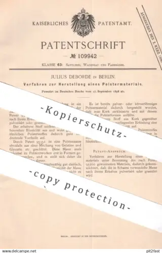original Patent - Julius Deborde , Berlin 1898 , Herst. von Polstermaterial | Polsterstoff , Polster | Sattler Sattlerei