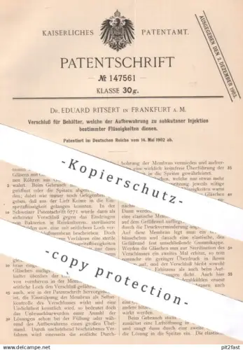 original Patent - Dr. Eduard Ritsert , Frankfurt / Main , 1902 , Verschluss für Behälter für Injektionen | Glasröhren !!