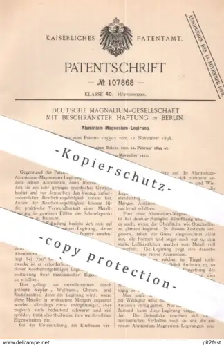 original Patent - Deutsche Magnalium GmbH Berlin | 1899 | Aluminium Magnesium Legierung | Alu , Metall , Zink , Zinn