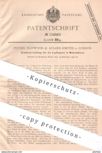 original Patent - Poyser, Haywood & Acland Ltd. London , England , 1900 , Bremse für Laufspule in Webschützen | Webstuhl