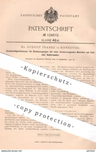 original Patent - Dr. Rudolf Franke , Hannover , 1900 , Geschwindigkeitsmesser | Volt , Ampère | Strom , Elektromagnet